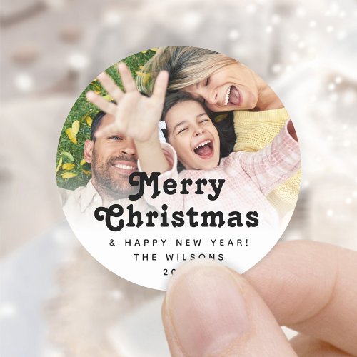 Any Text Simple Retro Typography Christmas Photo Classic Round Sticker