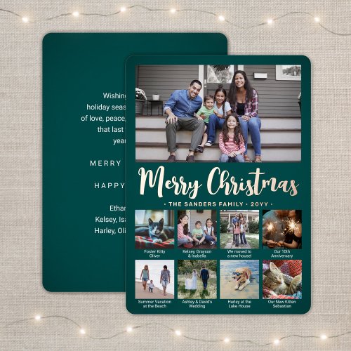Any Text Teal 9 Photo Collage Trendy Script Foil Holiday Card
