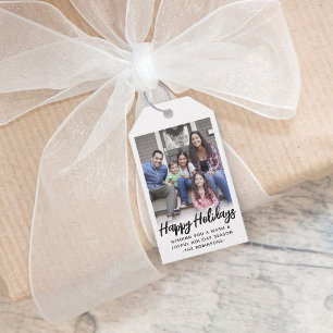 Any Text Trendy Brushed Script Photo Black & White Gift Tags