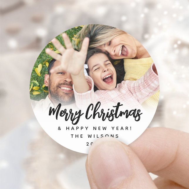 Any Text Trendy Script Christmas Photo Black White Classic Round Sticker (Creator Uploaded)
