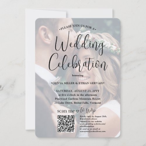 Any Text Trendy Script  Photo QR RSVP Wedding Invitation