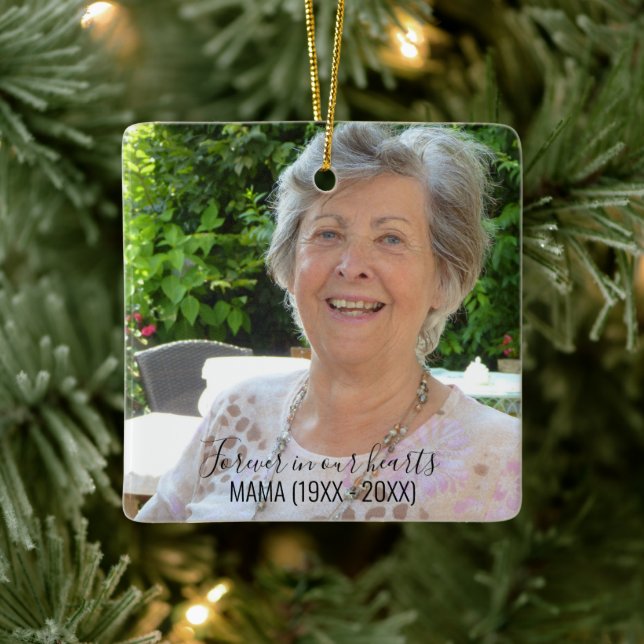 Any Text Two Photo Simple Memorial Ceramic Ornament (Tree)