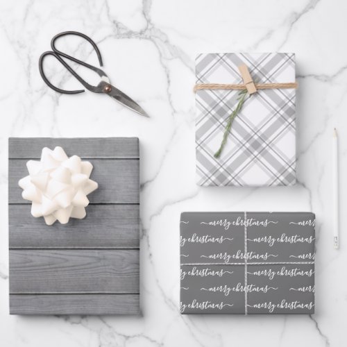 Any Text Typography Wood Plaid Farmhouse Christmas Wrapping Paper Sheets - Celebrate the simple joys of the holidays with elegant custom typography Christmas wrapping paper sheets. All text is simple to personalize. The modern farmhouse style design features rustic grey faux wood, traditional white and gray plaid, and stylish handwritten script typography Merry Christmas, which can be customized with any text such as a name or other greeting, such as happy holidays or seasons greetings. This unique gift wrap adds an elegant touch to Xmas tree home decorations.
