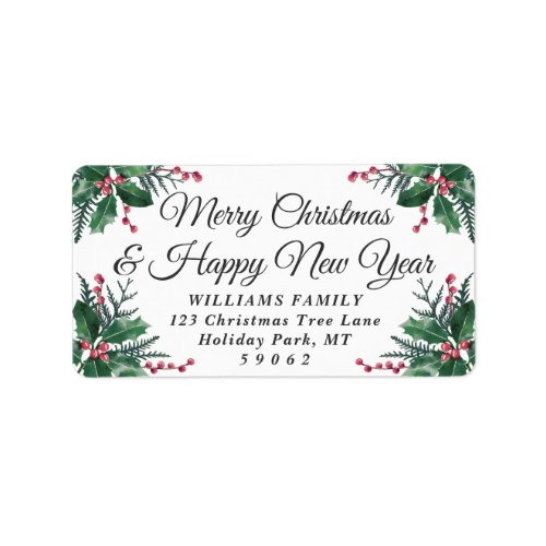 Any Text Watercolor Holly Christmas Return Address Label - Add a stylish finishing touch to holiday card envelopes with elegant customized return address labels. All text on this template is simple to personalize to include any wording, such as Merry Christmas, Happy Holidays, Seasons Greetings, New Year Cheers etc. As an option, change script typography to family name, and use the rest for the address only. The festive red and green design features a white background, watercolor holly leaves with berries and pine greenery, and elegant script calligraphy typography. Perfect for Christmas cards and holiday party invitations. Merry Christmas and Happy New Year!