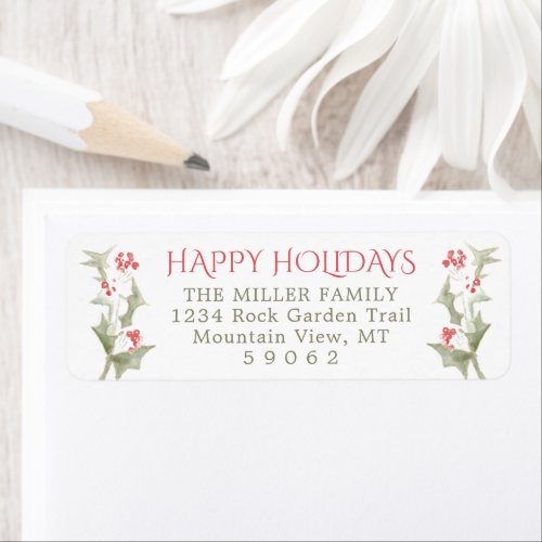 Any Text Watercolor Holly Christmas Return Address Label