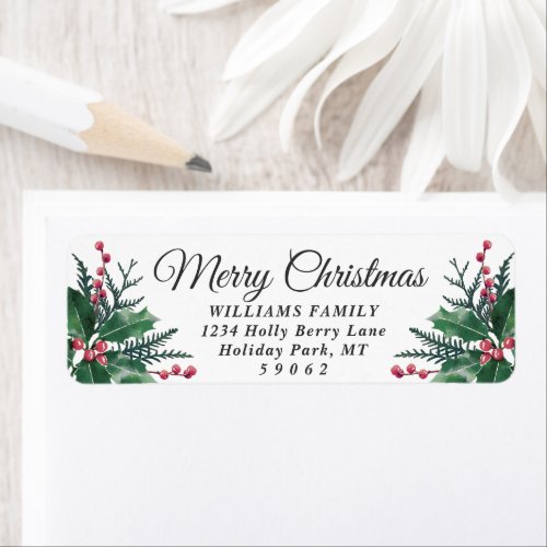 Any Text Watercolor Holly Christmas Return Address Label - Add a stylish finishing touch to holiday card envelopes with elegant customized return address labels. All text on this template is simple to personalize to include any wording, such as Merry Christmas, Happy Holidays, Seasons Greetings, New Year Cheers etc. As an option, change script typography to family name, and use the rest for the address only. The festive red and green design features a white background, watercolor holly leaves with berries and pine greenery, and elegant script calligraphy typography. Perfect for Christmas cards and holiday party invitations.