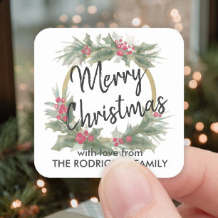 Any Text Watercolor Holly Wreath Elegant Christmas Square Sticker
