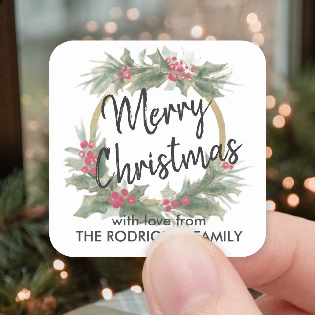 Any Text Watercolor Holly Wreath Elegant Christmas Square Sticker (Creator Uploaded)