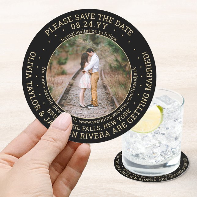 Any Text Wedding Save the Date Photo Black & Gold Round Paper Coaster (Creator Uploaded)