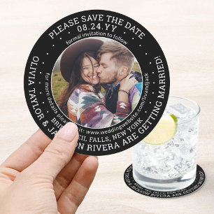 Any Text Wedding Save the Date Photo Black & White Round Paper Coaster