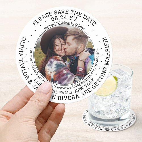 Any Text Wedding Save the Date Photo Black  White Round Paper Coaster