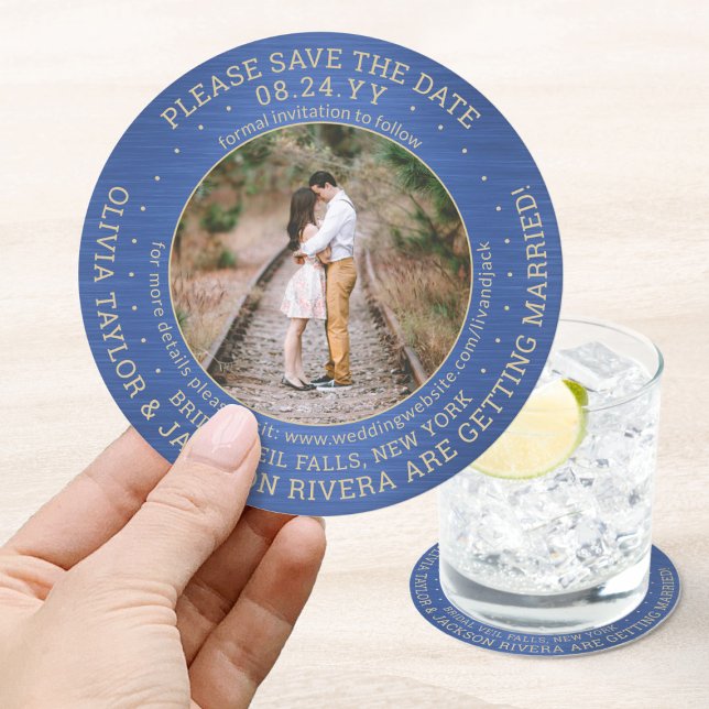 Any Text Wedding Save the Date Photo Blue and Gold Round Paper Coaster (Creator Uploaded)