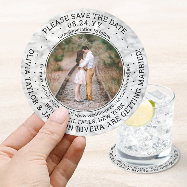 Any Text Wedding Save the Date Photo Faux Marble Round Paper Coaster (Creator Uploaded)