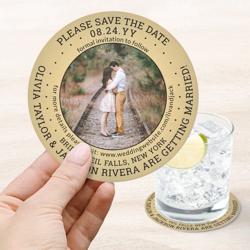 Any Text Wedding Save the Date Photo Gold  Black Round Paper Coaster