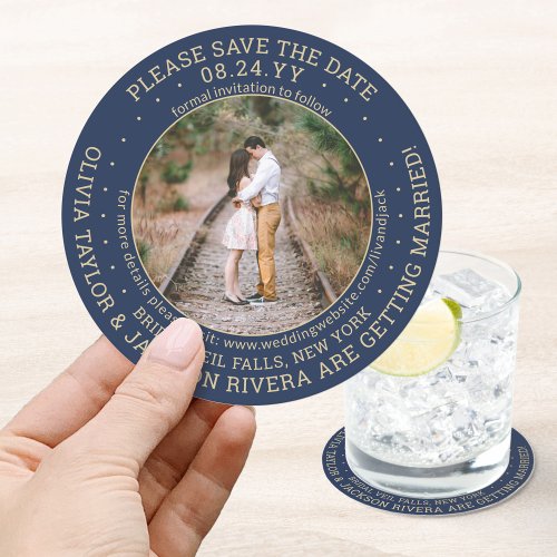 Any Text Wedding Save the Date Photo Navy and Gold Round Paper Coaster