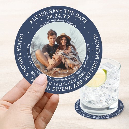 Any Text Wedding Save the Date Photo Navy  White Round Paper Coaster