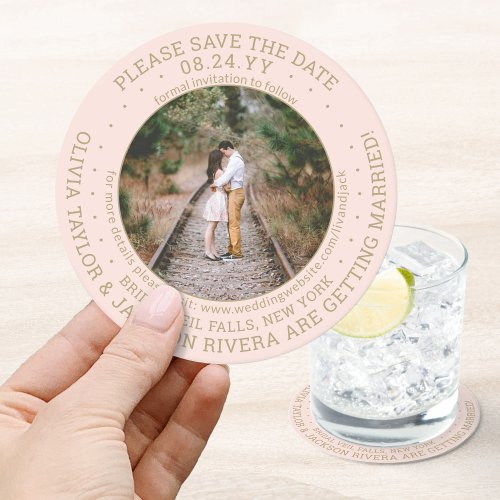 Any Text Wedding Save the Date Photo Pink and Gold Round Paper Coaster