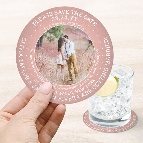Any Text Wedding Save the Date Photo Pink  White Round Paper Coaster