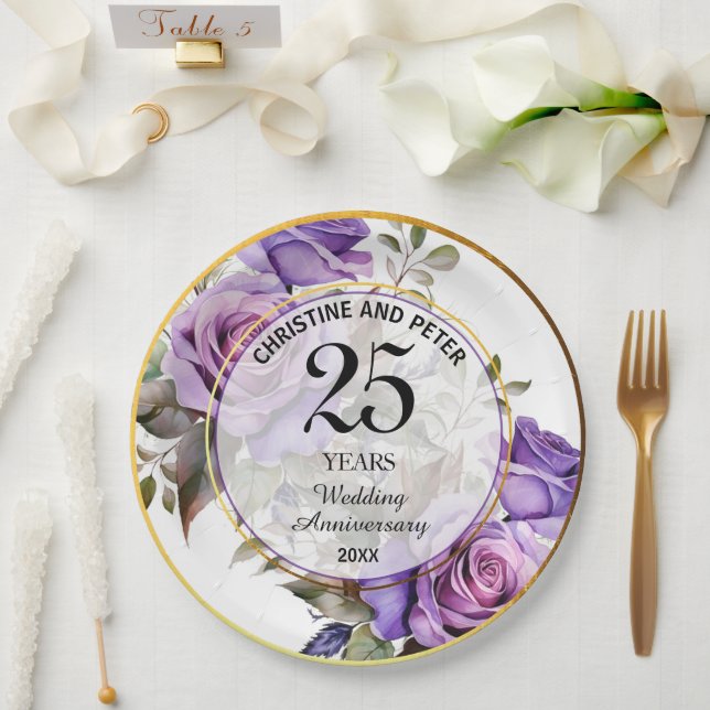 Any Wedding (25) Gold Frame Roses Anniversary Paper Plates (Wedding)