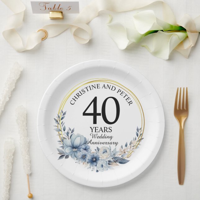 Any Wedding (40) Elegant Blue Floral Anniversary Paper Plates (Wedding)