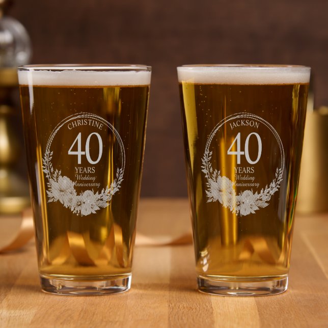 Any Wedding (40) Elegant Blue Floral Anniversary Pint Glass (Party)