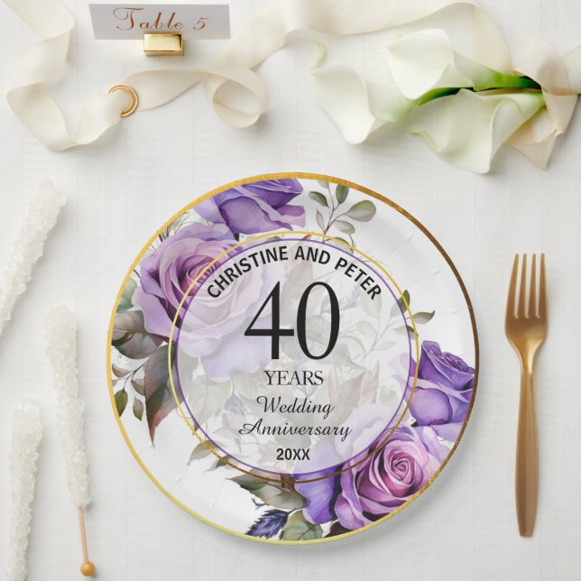 Any Wedding (40) Gold Frame Roses Anniversary Paper Plates (Wedding)