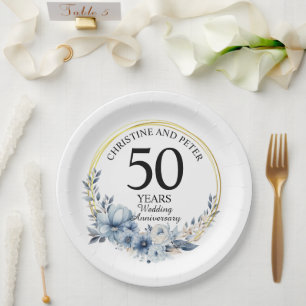 Any Wedding (50) Elegant Blue Floral Anniversary Paper Plates