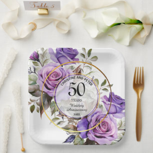 Any Wedding (50) Gold Frame Roses Anniversary Paper Plates