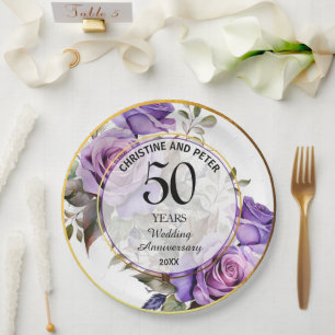 Any Wedding (50) Gold Frame Roses Anniversary Paper Plates