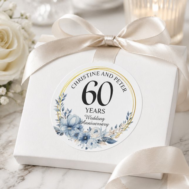Any Wedding (60) Elegant Blue Floral Anniversary Classic Round Sticker (Creator Uploaded)