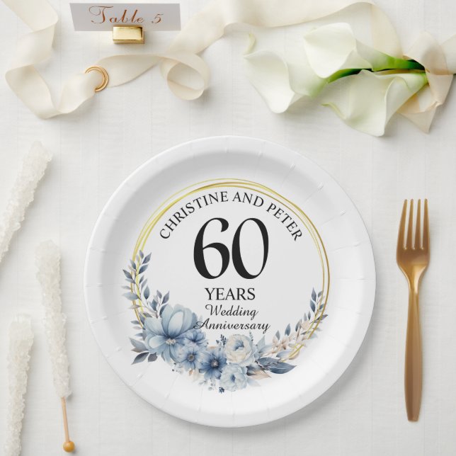 Any Wedding (60) Elegant Blue Floral Anniversary Paper Plates (Wedding)