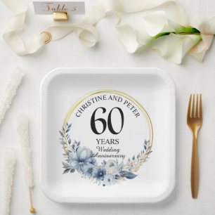 Any Wedding (60) Elegant Blue Floral Anniversary Paper Plates