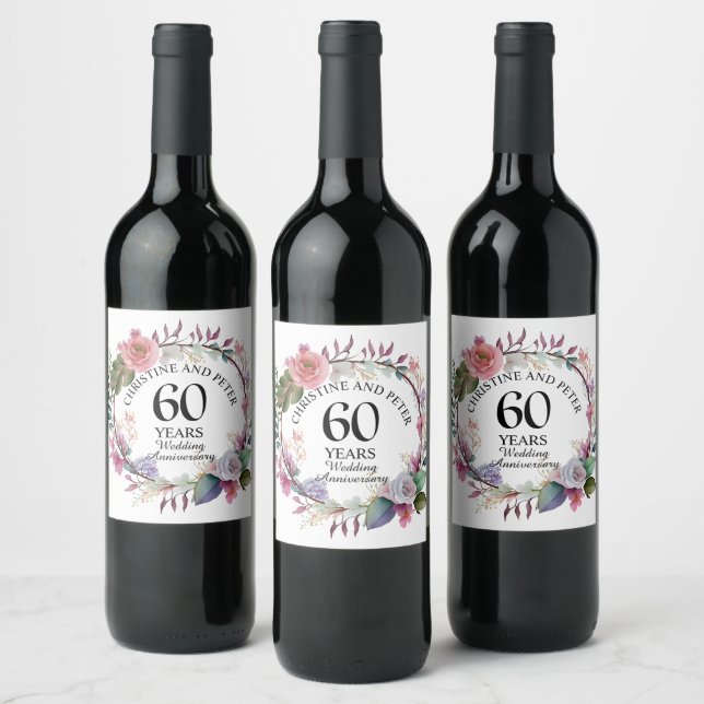 Any Wedding (60) Elegant Floral Anniversary Wine Label (Bottles)