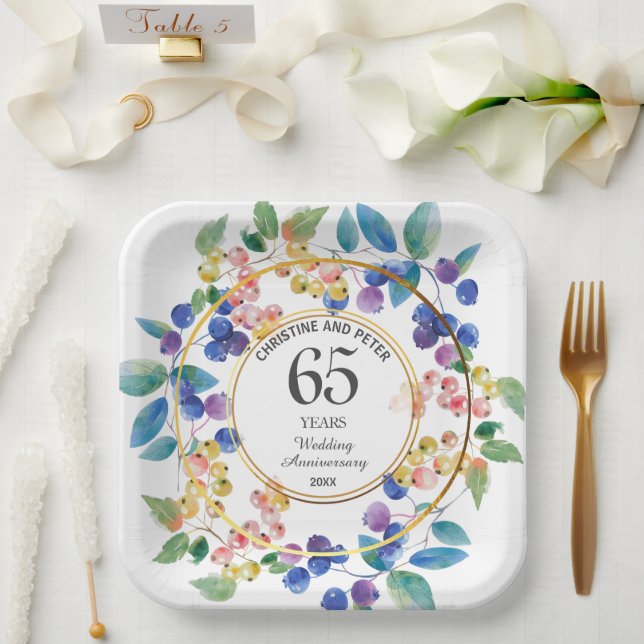 Any Wedding (65) Anniversary Gold Frame Berries Paper Plates (Wedding)
