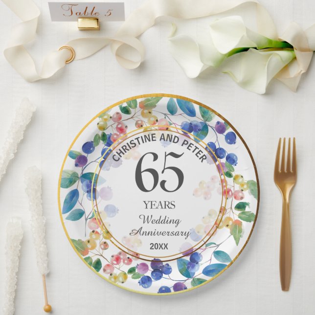 Any Wedding (65) Anniversary Gold Frame Berries Paper Plates (Wedding)