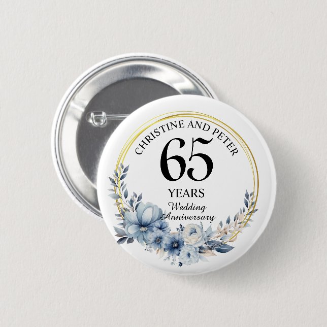 Any Wedding (65) Elegant Blue Floral Anniversary Button (Front & Back)