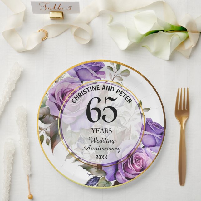 Any Wedding (65) Gold Frame Roses Anniversary Paper Plates (Wedding)