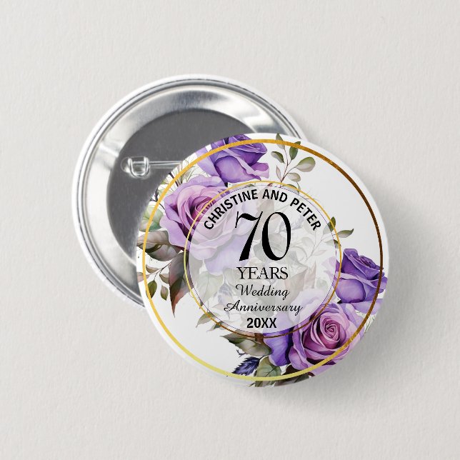 Any Wedding (70) Gold Frame Roses Anniversary Button (Front & Back)
