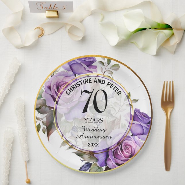 Any Wedding (70) Gold Frame Roses Anniversary Paper Plates (Wedding)