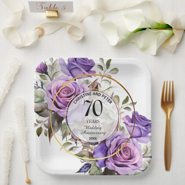 Any Wedding (70) Gold Frame Roses Anniversary Paper Plates (Wedding)