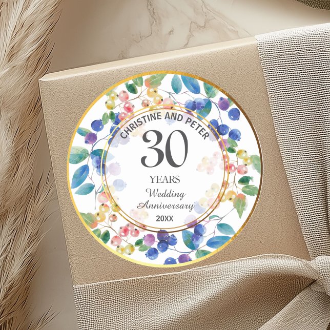 Any Wedding Anniversary (30) Gold Frame Berries Classic Round Sticker (Creator Uploaded)