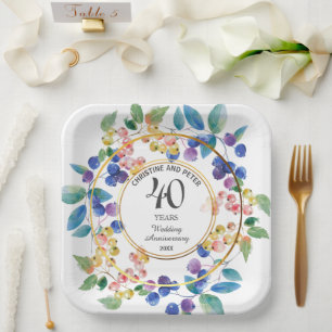 Any Wedding Anniversary (40) Gold Frame Berries Paper Plates