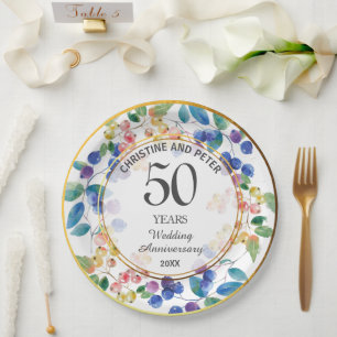 Any Wedding Anniversary (50) Gold Frame Berries Paper Plates