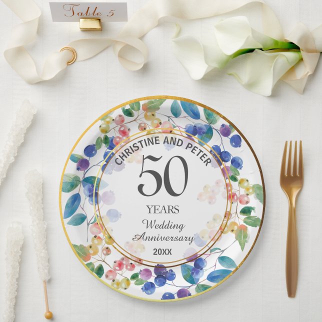 Any Wedding Anniversary (50) Gold Frame Berries Paper Plates (Wedding)