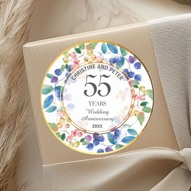 Any Wedding Anniversary (55) Gold Frame Berries Classic Round Sticker (Creator Uploaded)