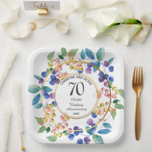 Any Wedding Anniversary (70) Gold Frame Berries Paper Plates