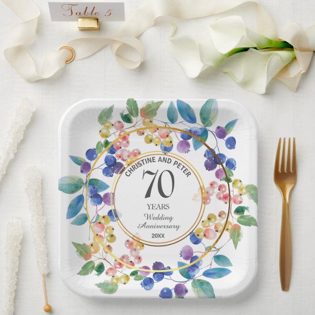 Any Wedding Anniversary (70) Gold Frame Berries Paper Plates (Wedding)