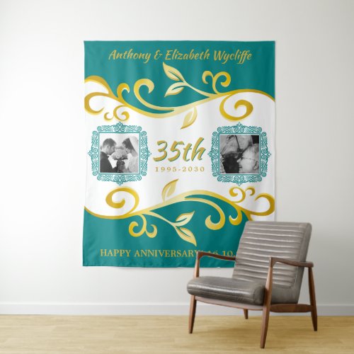 Any Wedding Anniversary Add Your Photos Teal Gold Tapestry