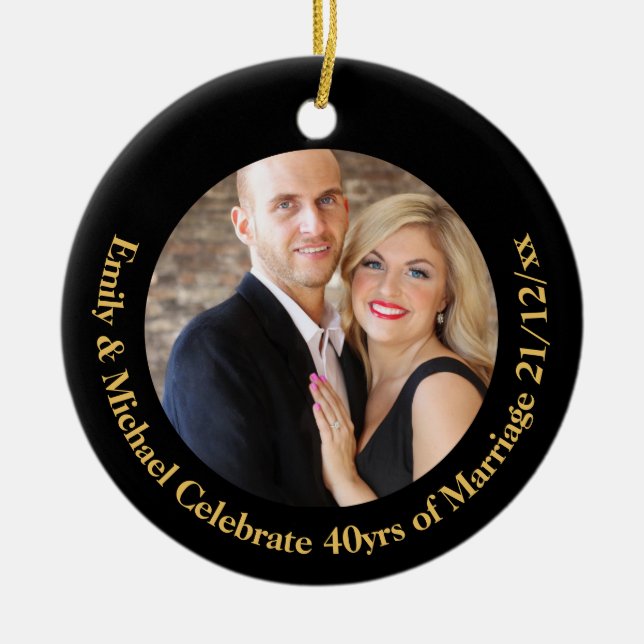 ANY Wedding Anniversary Black Gold Marble PHOTO Ceramic Ornament (Front)