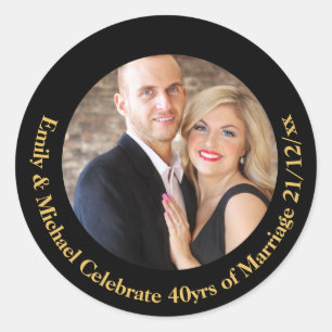 ANY Wedding Anniversary Black Gold Marble PHOTO Classic Round Sticker